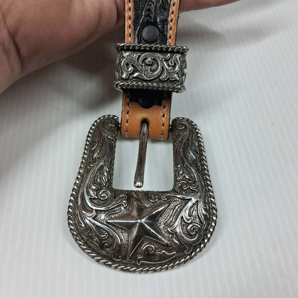 Justin Mens Black Tan Tooled Leather Western Star Belt 50 Inch C11063 Size 44